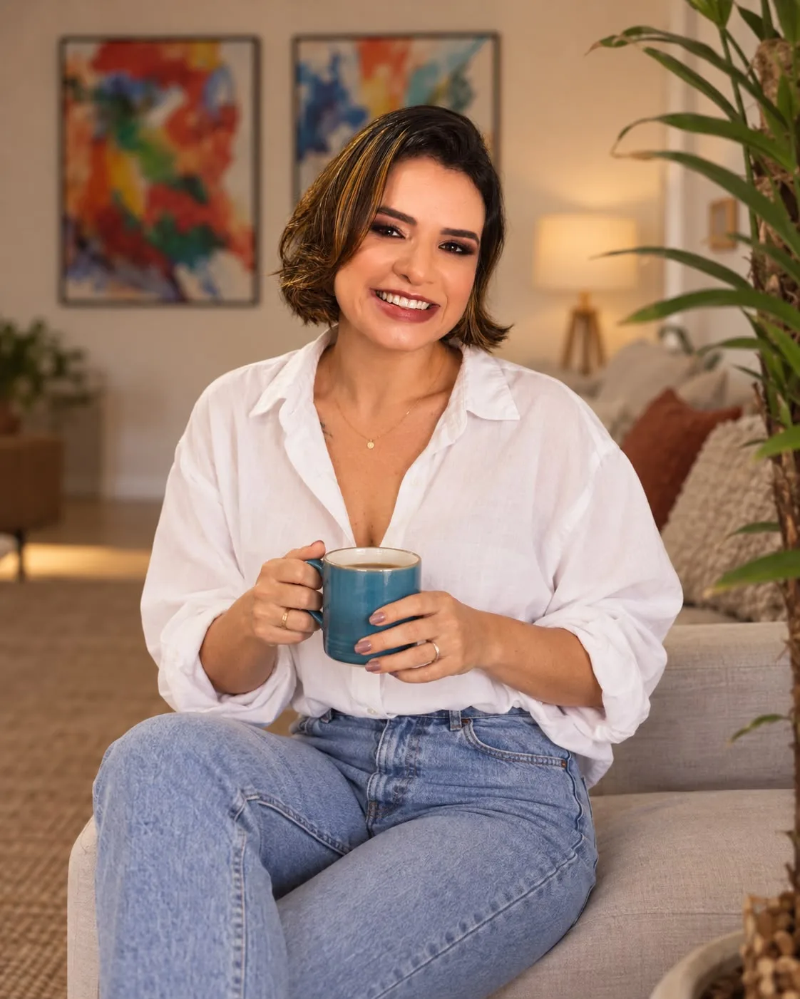 Ladislany Garcia sorrindo, sentada no sofá com uma xícara de café nas mãos