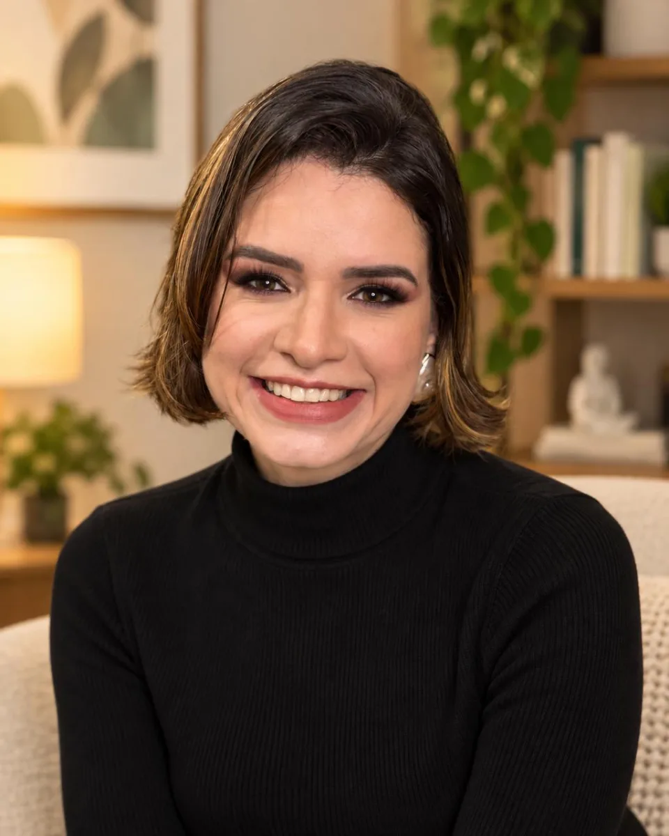 Retrato de Ladislany Garcia sorrindo, usando uma blusa preta de gola alta